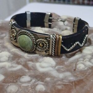 Leather Mixed Metal Bracelet With Gemstone
